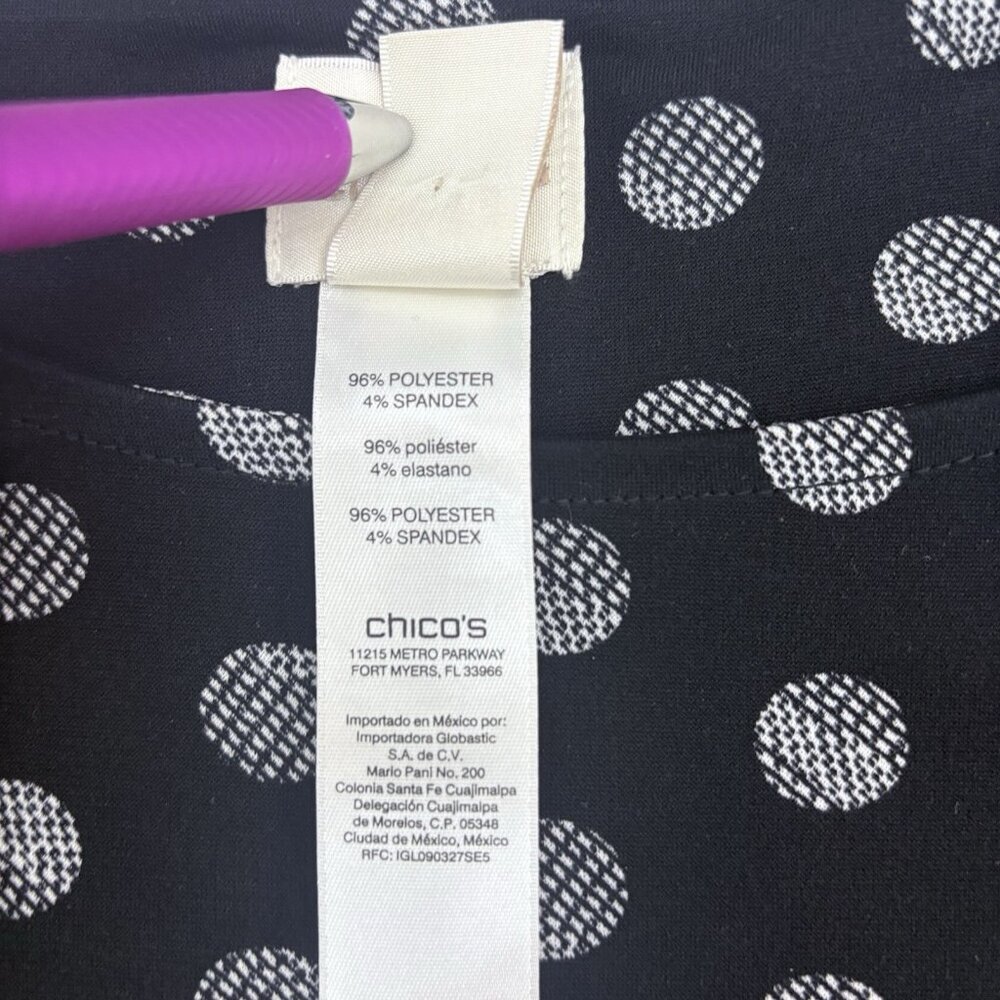 CHICO'S SZ 1(Med-Large)Pullover Tunic Top 3/4 Sleeve Black White Polk Dot Artsy - Picture 10 of 14
